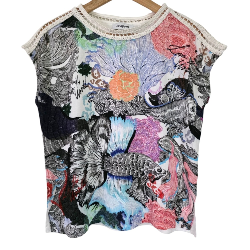 Desigual Koi Fish Graphic Print Crochet Trim Top XS Relaxed Fit Mixed Materials